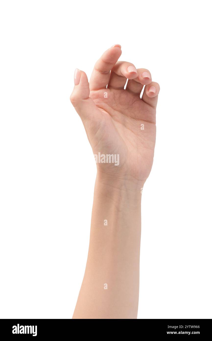 Frau Hand zeigt Finger Nummer eins auf weißem Hintergrund. Stockfoto