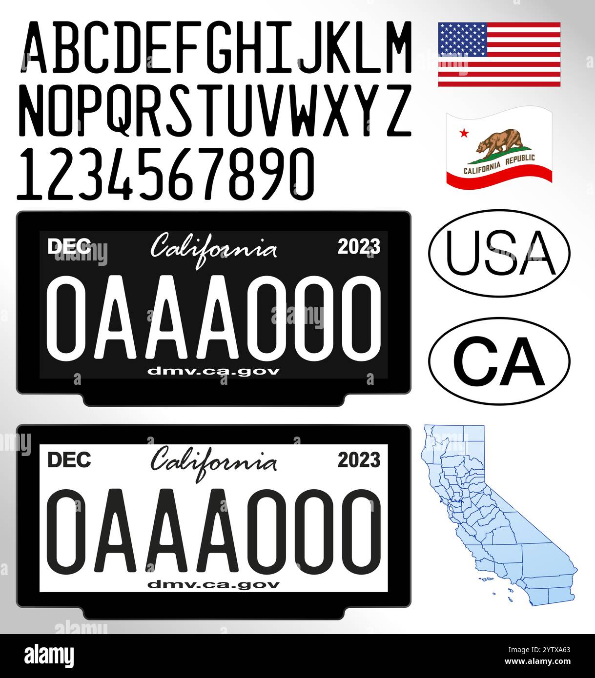 Digitales Kennzeichen des kalifornischen Staatswagens, Buchstaben, Zahlen und Symbole, Vektorillustration, Vereinigte Staaten von Amerika Stock Vektor