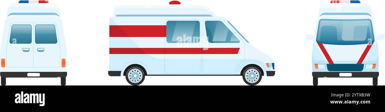 Profil, Vorder- und Rückansicht eines weißen Ambulanzwagens mit roten Streifen und Blinkleuchten, die eine umfassende Darstellung des Designs und der Merkmale des Fahrzeugs bieten Stock Vektor