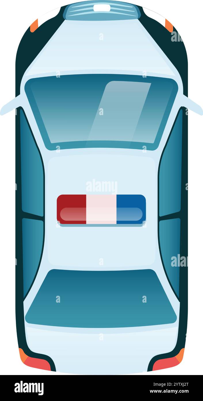 Draufsicht eines Polizeiautos mit blinkenden Lichtern, das sein aerodynamisches Design und Notsignalsystem vor einem sauberen weißen bac zeigt Stock Vektor