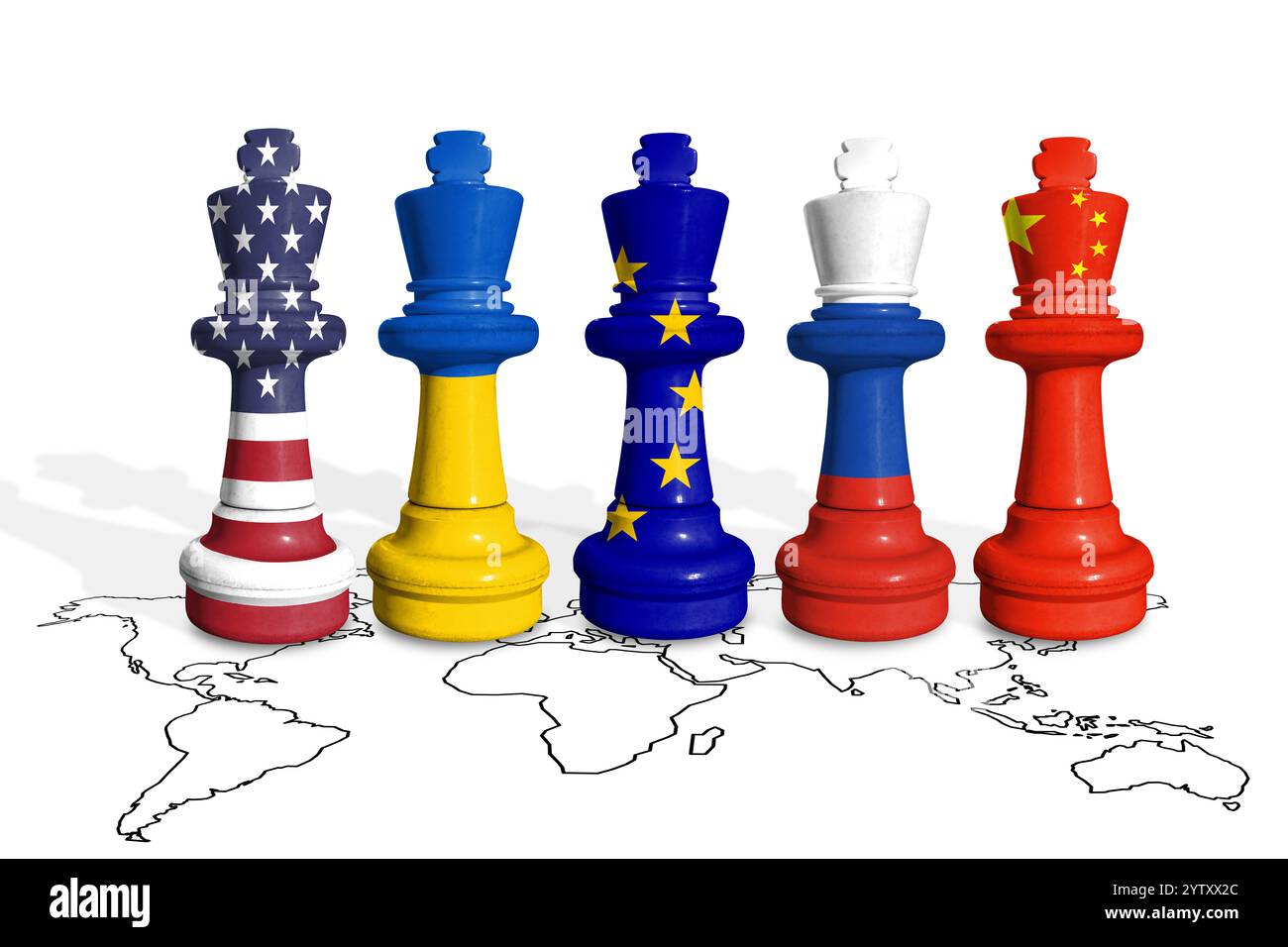 Schach aus Fahnen der Ukraine, der USA, der EU, Chinas und Russlands Stockfoto