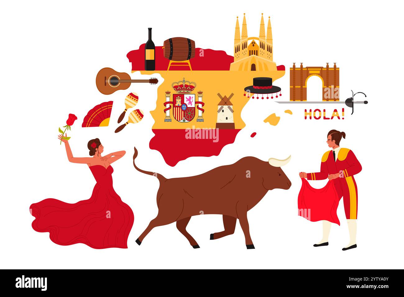 Reisen Sie nach Spanien. Spanische Kulturelemente, Sehenswürdigkeiten für Touristen auf Infografik-Collage mit Karte und Flagge, Flamenco-Tänzerin und Sagrada Familia, Stier und Stierkämpfer, Vektorillustration für Weincartoons Stock Vektor