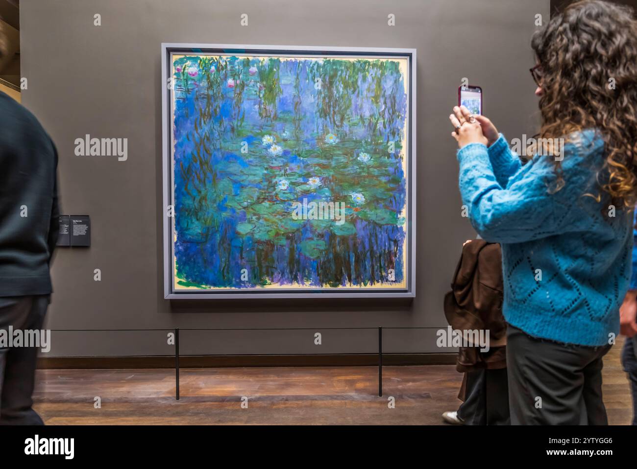 Blaue Wasserlilien von Claude Monet im Musée d'Orsay, Paris, mit Besuchern, die Fotos machen. Stockfoto