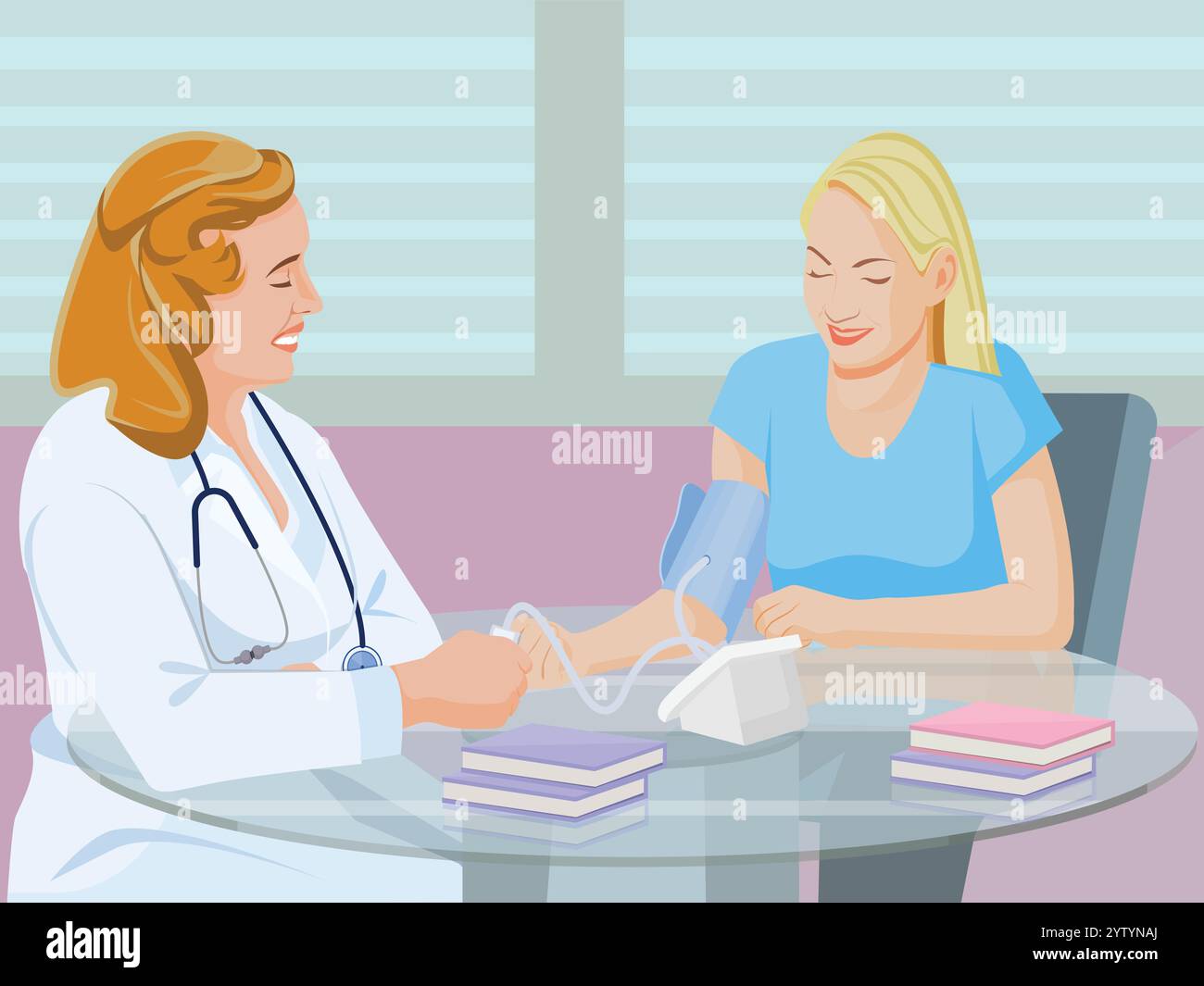 Arzt mit dem Patienten. Medizin, Gesundheitswesen und Menschenkonzept - Ärztin lächelnde Frau Patientin im Krankenhaus Stock Vektor