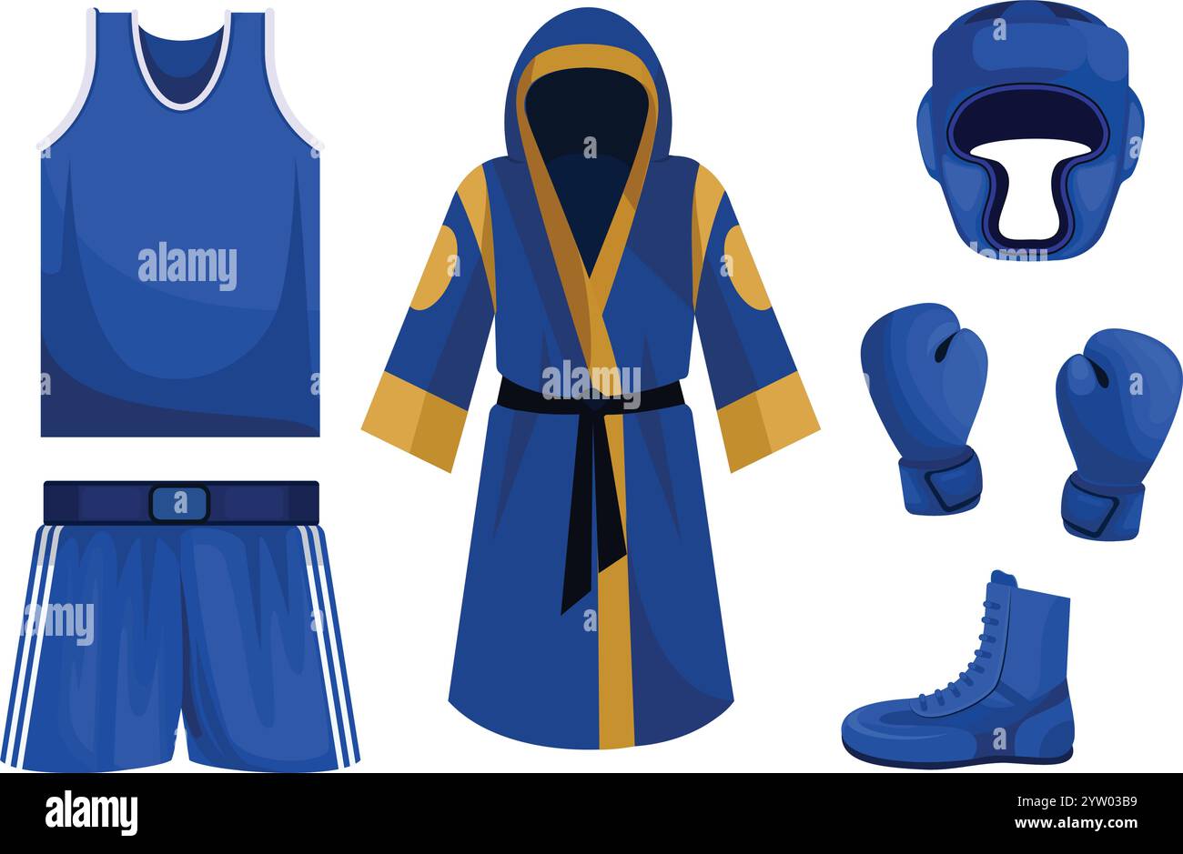 Vektorsatz der Boxausrüstung. Helm, Uniform, Handschuhe. Stock Vektor