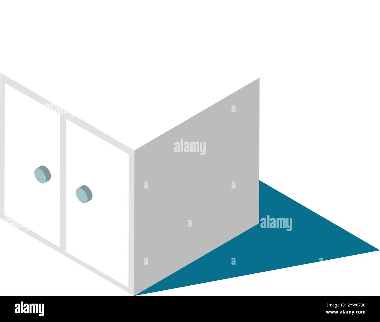 Minimalistische isometrische Illustration mit einem weißen Schrank mit geschlossenen Türen, der einen markanten Schatten auf einem blaugrünen Boden wirft und moderne Innenarchitektur oder Aufbewahrungslösungen repräsentiert Stock Vektor