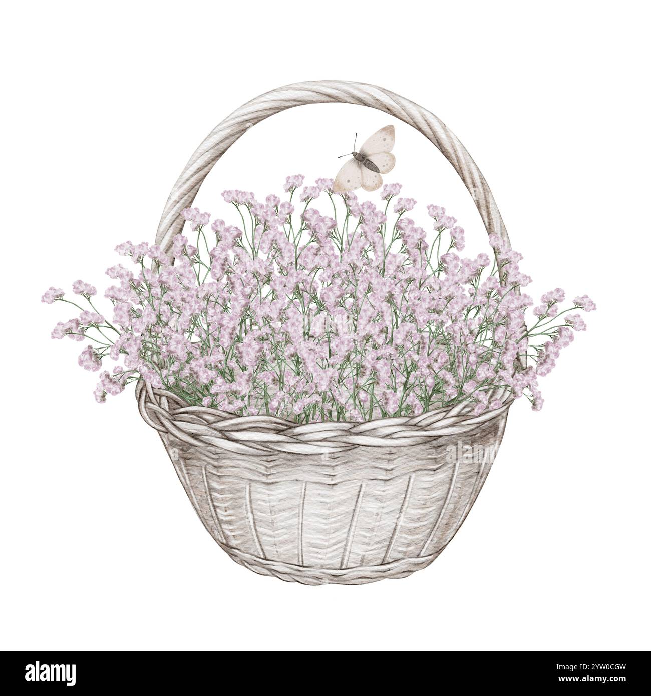 Weißer, grauer leerer Korb. Hochwertige IllustrationFür das Sammeln von Pilzen, Pflanzen, Gemüse, Früchten, Blumen. Es wird im Garten, auf dem Bauernhof verwendet. Osterdekor. Zum Transportieren von Produkten Stockfoto