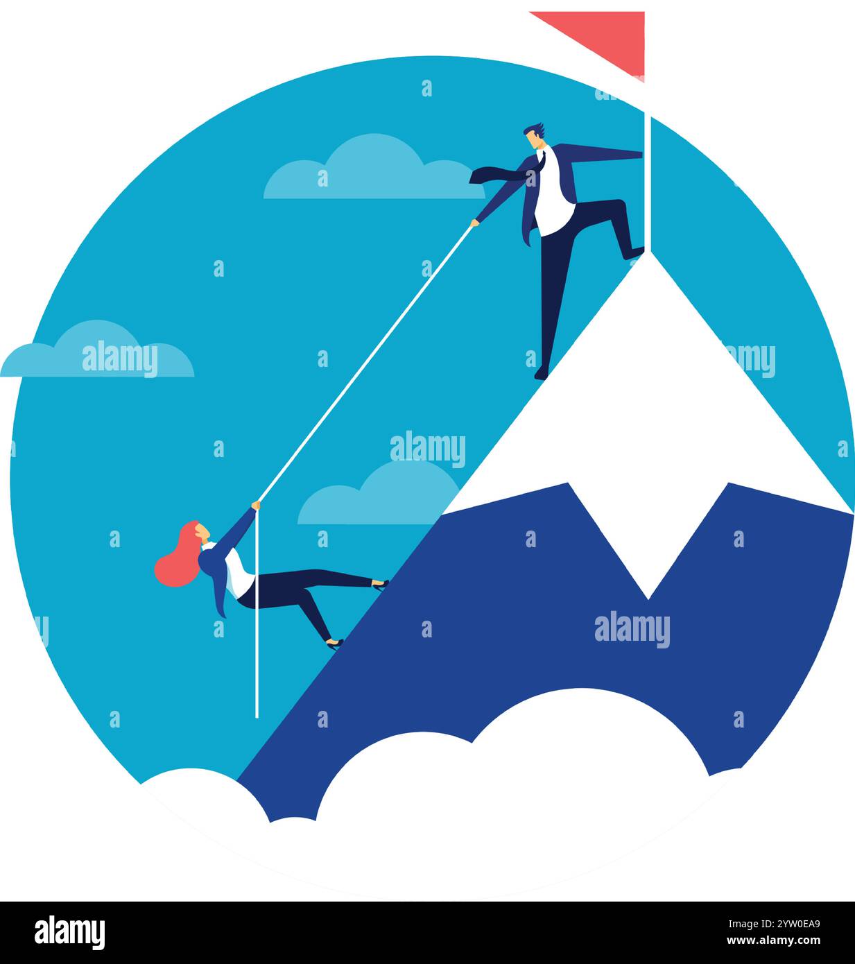 Geschäftsmann streckt der Geschäftsfrau helfend die Hand, zieht sie mit einem Seil in den Berg, symbolisiert Teamarbeit, Unterstützung und gemeinsamen Erfolg Stock Vektor