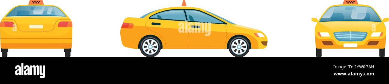 Drei Ansichten eines gewöhnlichen gelben Taxifahrerhauses, die vorne, seitlich und hinten zeigen, isoliert auf weißem Hintergrund, nützlich für Transport- und Reisekonzepte Stock Vektor