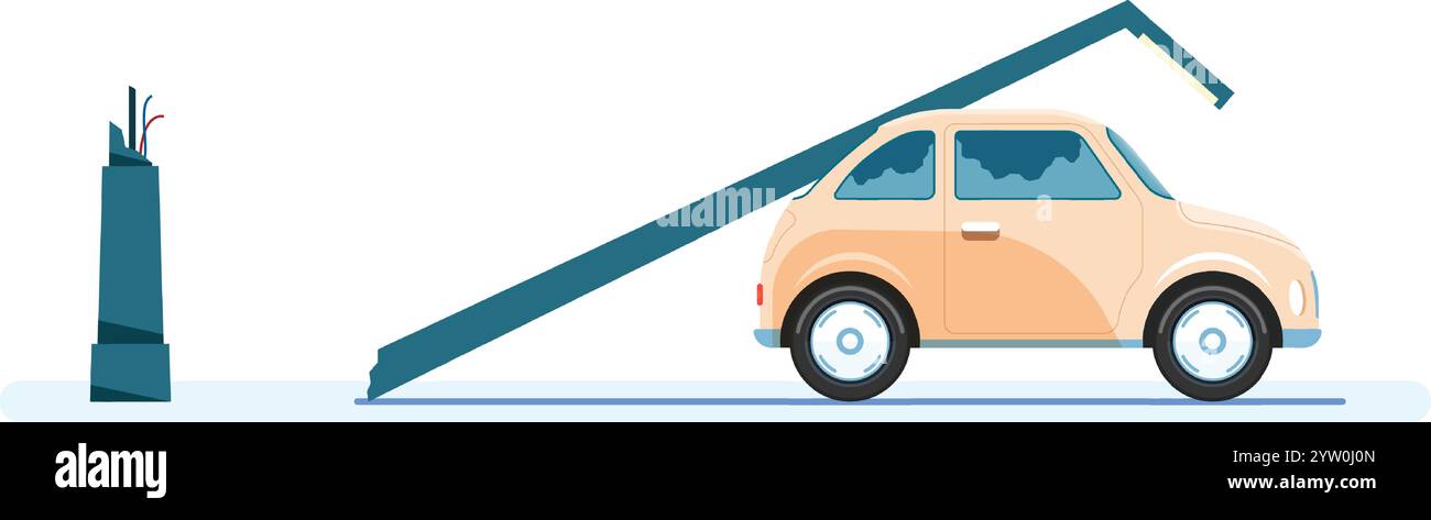 Ein Stromausfall, der bei einem Erdbeben oder Hurrikan ein Auto zerquetscht, zeigt einen Infrastrukturschaden und ein Konzept für Versicherungsansprüche Stock Vektor