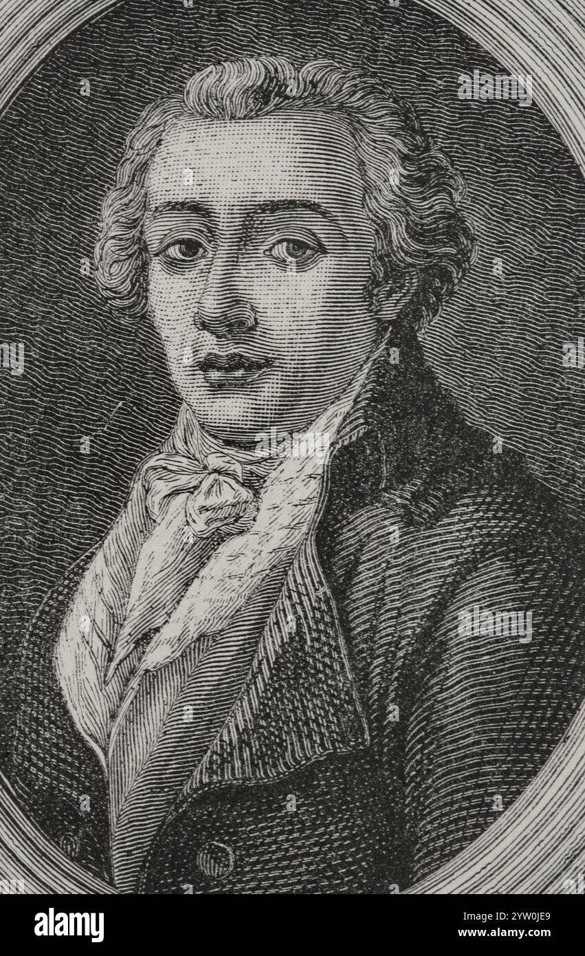 Jean-Antoine Roucher (1745-1794). Französischer Dichter. Während der Herrschaft des Terrors schrieb er mehrere Artikel gegen die Revolution, die zu seiner Verhaftung am 4. Oktober 1793 führten. Roucher wurde im Gefängnis Saint-Lazare inhaftiert. Der Anführer einer Verschwörung unter den Gefangenen in Saint-Lazare wurde am 25. Juli 1794 (7. Thermidor-Jahr II) guillotiniert. Hochformat. Stich von Pannemaker. Verlauf Stockfoto