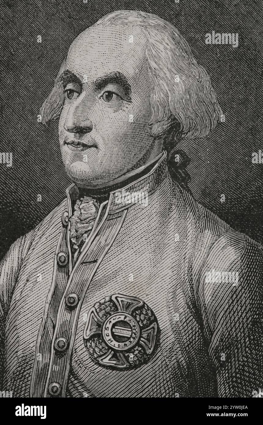 Francois Sébastien de Croix de Clerfayt (1733–1798), Graf von Clerfayt. Als wallonischer Generalfeldmarschall trat er in die Armee der Habsburgermonarchie ein und kämpfte bald im Siebenjährigen Krieg. Später führte er österreichische Truppen im Krieg gegen die osmanische Türkei an. Er nahm an den Französischen Unabhängigkeitskriegen Teil und stieg zum Feldmarschall auf. Hochformat. Gravur. Verlauf Stockfoto