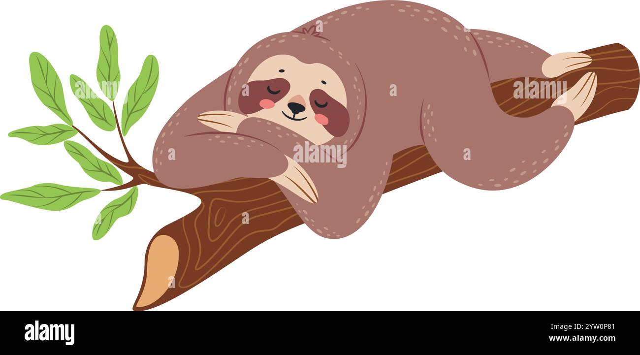 Die bezaubernde Illustration zeigt ein entspanntes Faultier, das auf einem Baumzweig schläft und die Ruhe seines natürlichen Lebensraums in sich vereint, mit üppigen grünen Blättern, die der Szene einen Hauch von Lebendigkeit verleihen Stock Vektor