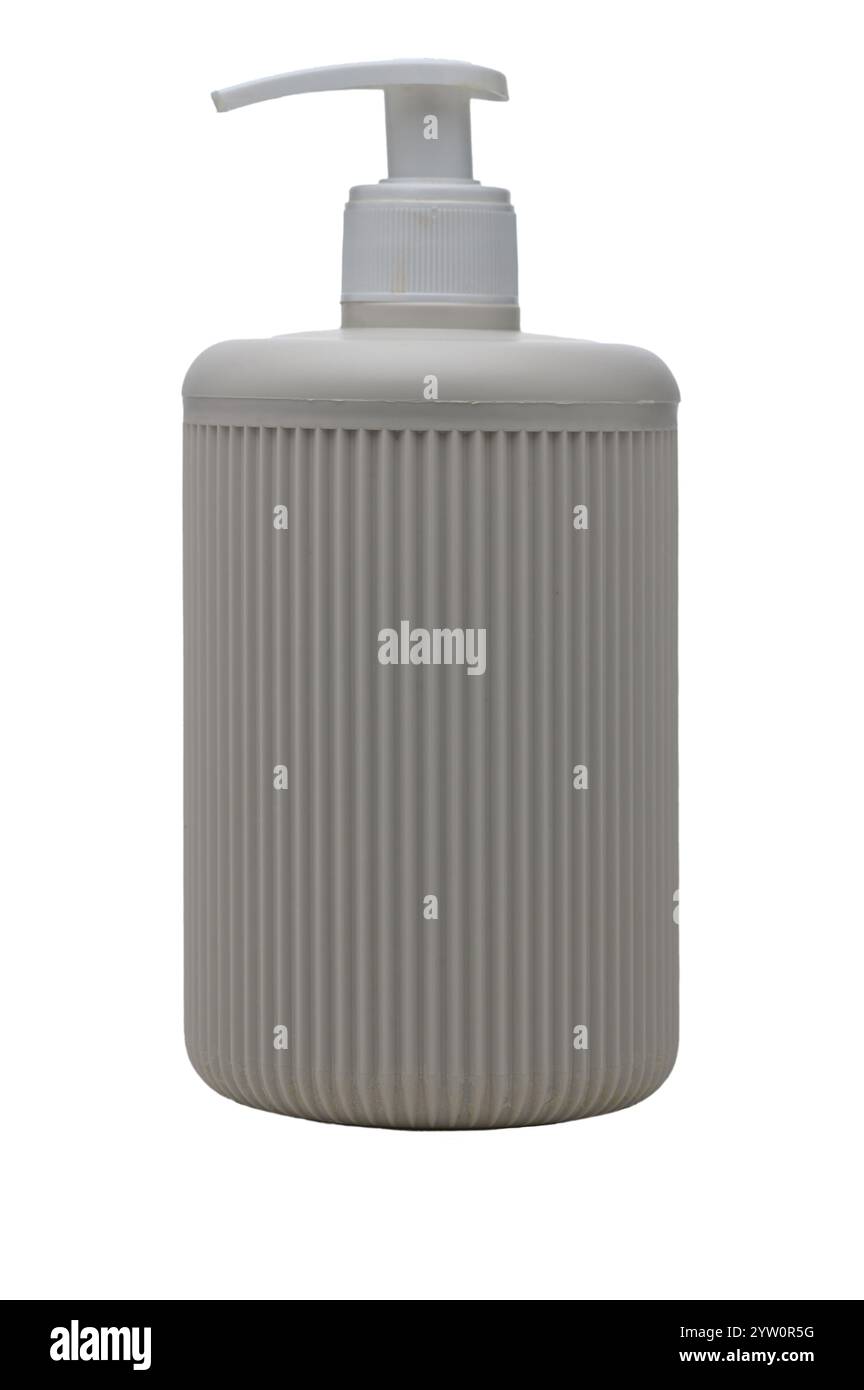 Diese elegante, graue Pumpflasche hat ein geripptes Design und ist perfekt für jede Badeinrichtung. Stockfoto