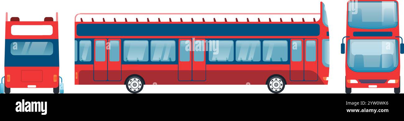 Roter Doppeldeckerbus isoliert auf weißem Hintergrund, mit Vorder-, Rückseite- und Seitenansicht, ideal für Projekte im Zusammenhang mit Transport, Reisen und Stadtbesichtigung Stock Vektor