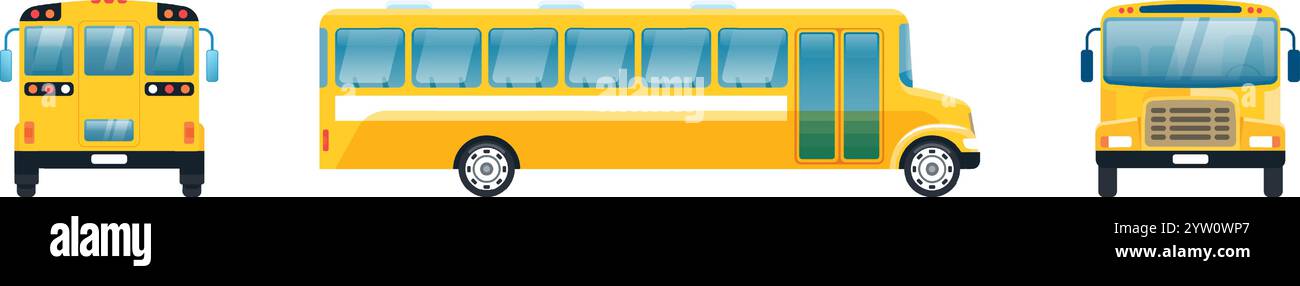 Gelber Schulbus aus verschiedenen Blickwinkeln, einschließlich Vorder-, Seite- und Rückseite, mit Design und Funktionen für den Transport von Schülern Stock Vektor
