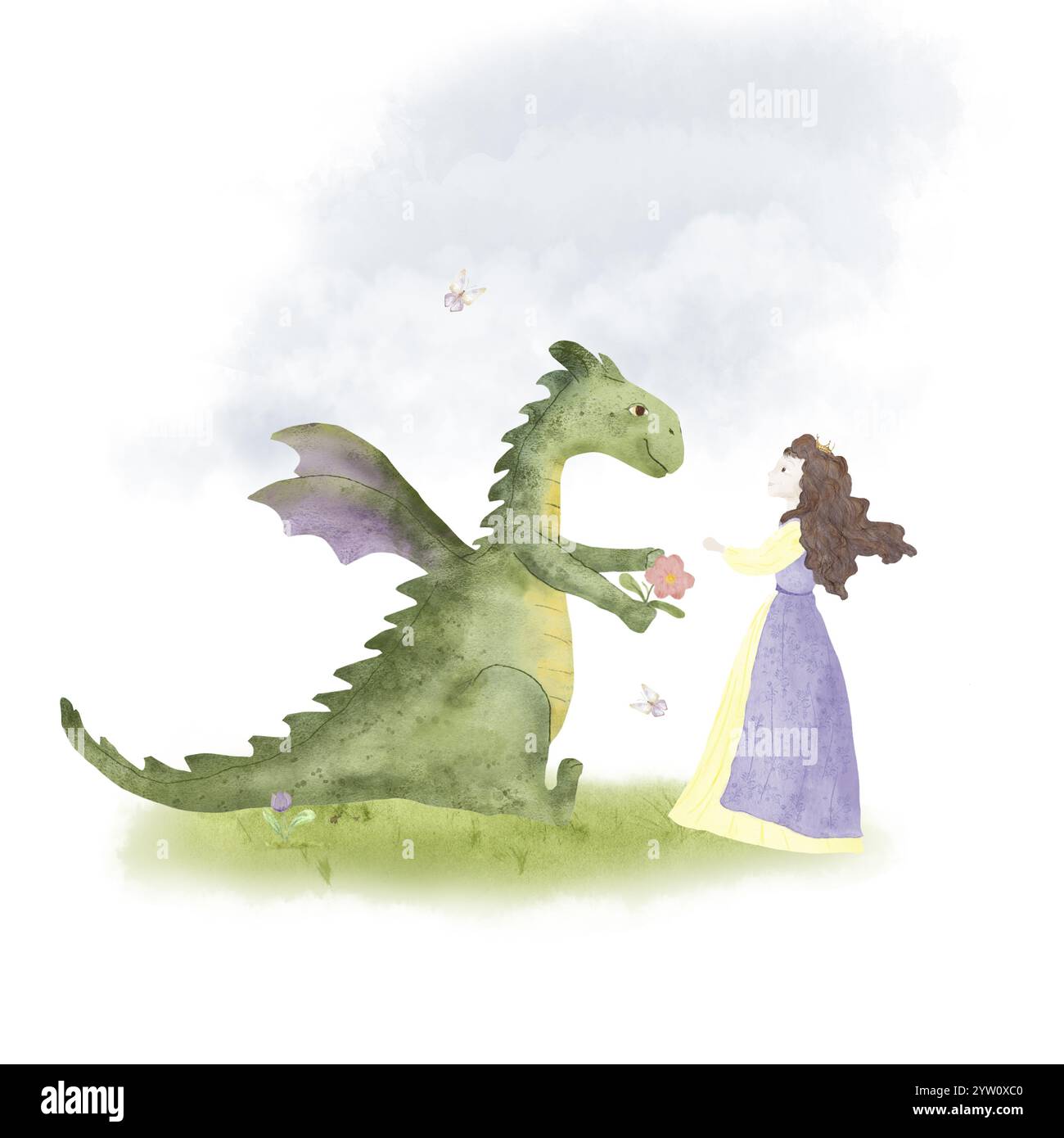 Märchenhafter Drache und Prinzessin in einem wunderschönen Kleid. Aquarellillustration im digitalen Stil. Die Prinzessin sieht den grünen geflügelten Drachen an, eingezogen Stockfoto