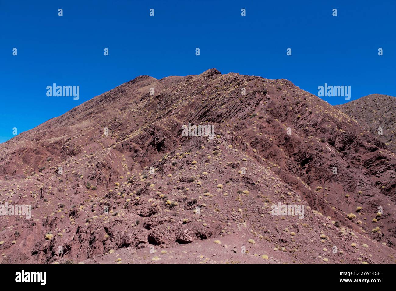 Rainbow Valley Berge in Chile, Atacama Wüste nahe San Pedro de Atacama. Bunte rote Felsformationen im Sommer unter blauem Himmel. Red Stone Valley Stockfoto