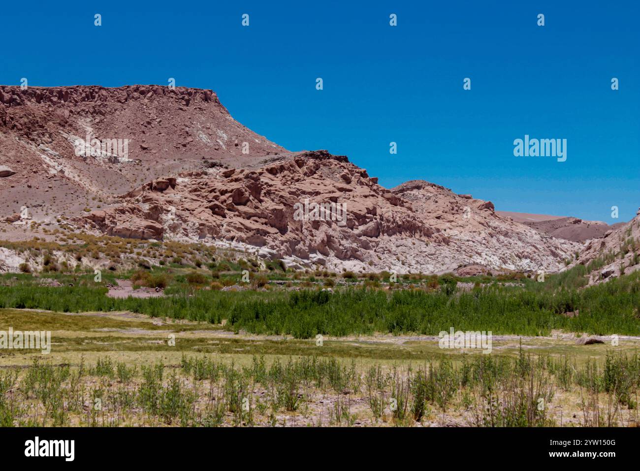 Rainbow Valley Berge in Chile, Atacama Wüste nahe San Pedro de Atacama. Bunte rote Felsformationen im Sommer unter blauem Himmel. Red Stone Valley Stockfoto