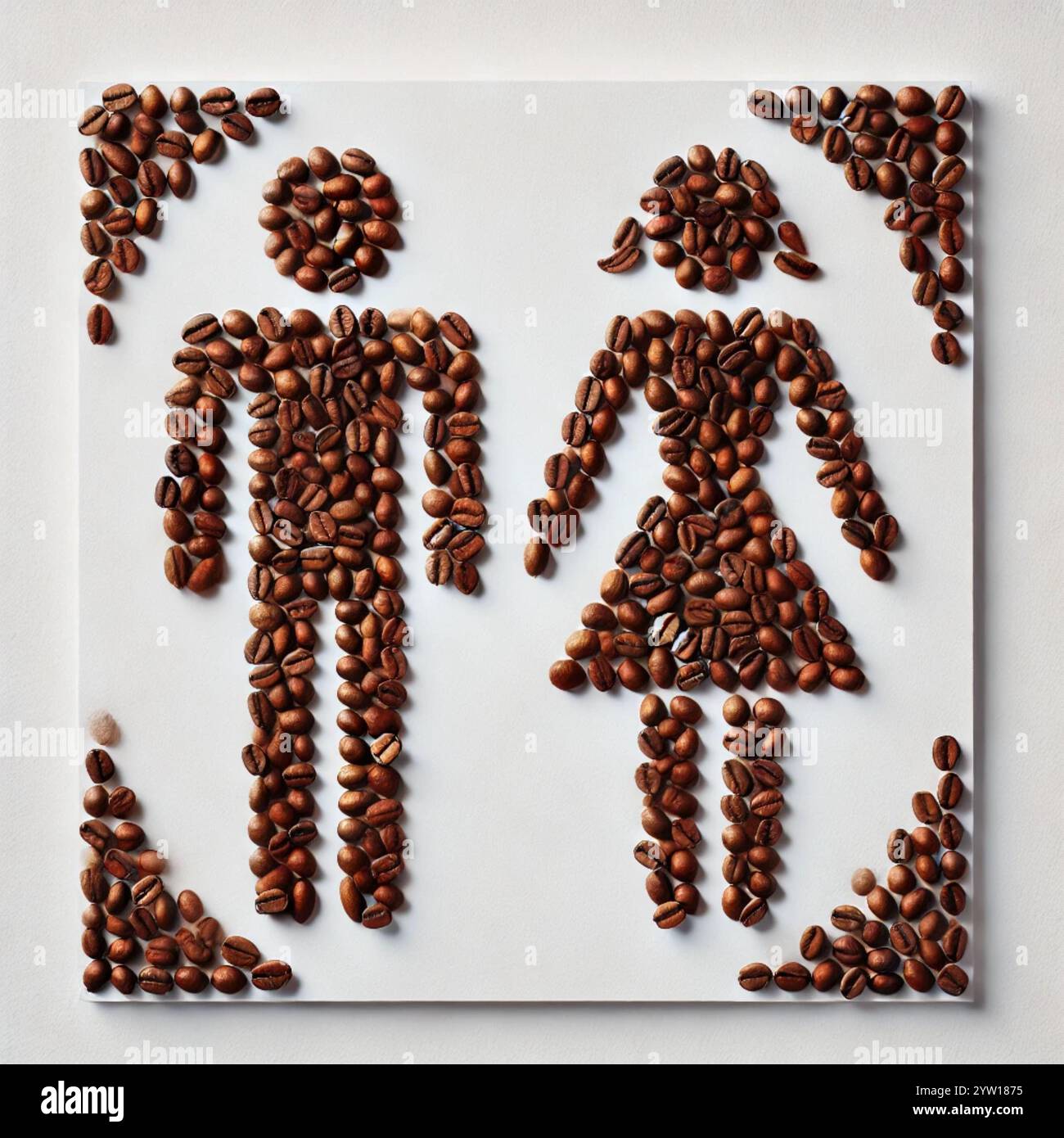 Kaffeebohne-Symbole von männlichen und weiblichen Toiletten-Zeichen auf weißem Hintergrund. WC-Symbol. Stockfoto