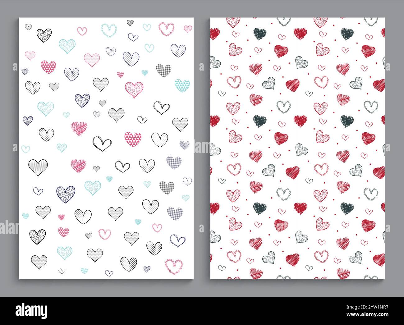 Clipart-Set mit nahtlosen Mustern. Die Herzformen bilden die endlose Clip-Art-Kollektion für Tapeten, Geschenkverpackungen und valentinstag-Hintergrund. Vektor Stock Vektor