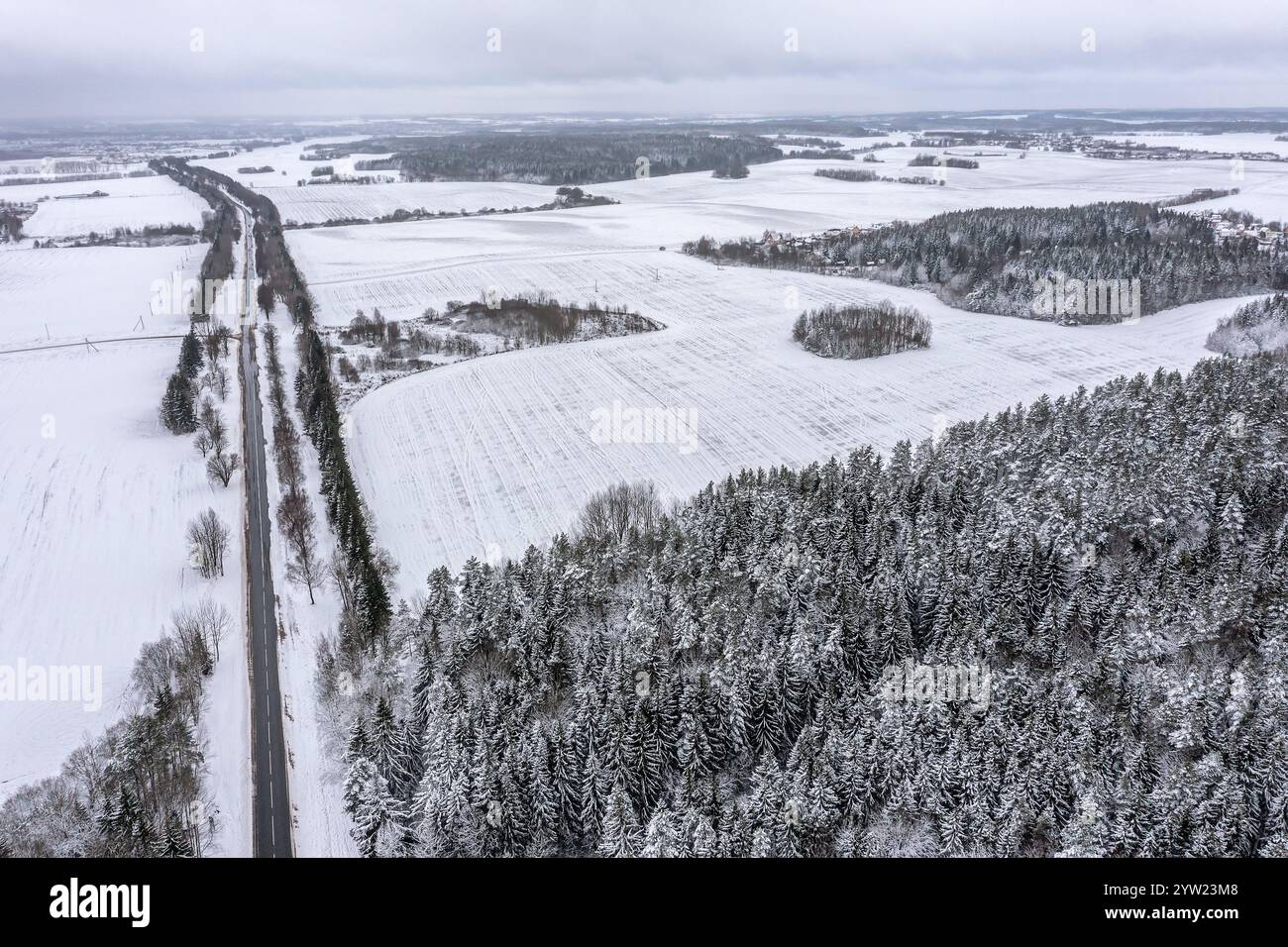 Landstraße durch schneebedeckte ländliche Landschaft mit landwirtschaftlichen Feldern und Wäldern. Luftaufnahme. Stockfoto