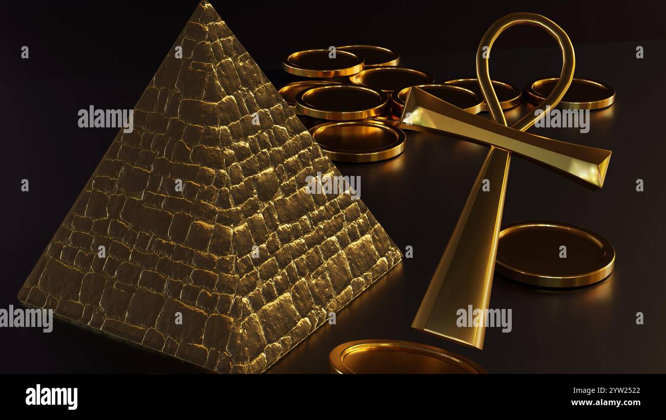 Eine 3D-Darstellung des goldenen Ankh, einer ägyptischen Hieroglyphen, die den Schlüssel zum Leben darstellt, wird mit einer Pyramide und Goldmünzen gezeigt. Stockfoto