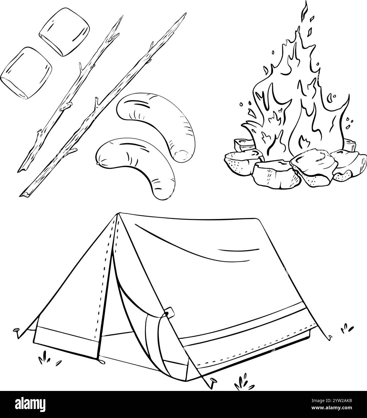 Camping Essentials für Ihr Abenteuer Feuer, Zelt, Essen und vieles mehr für angenehme Erlebnisse. Abbildung der Vektorskizze. Tourismus Stock Vektor