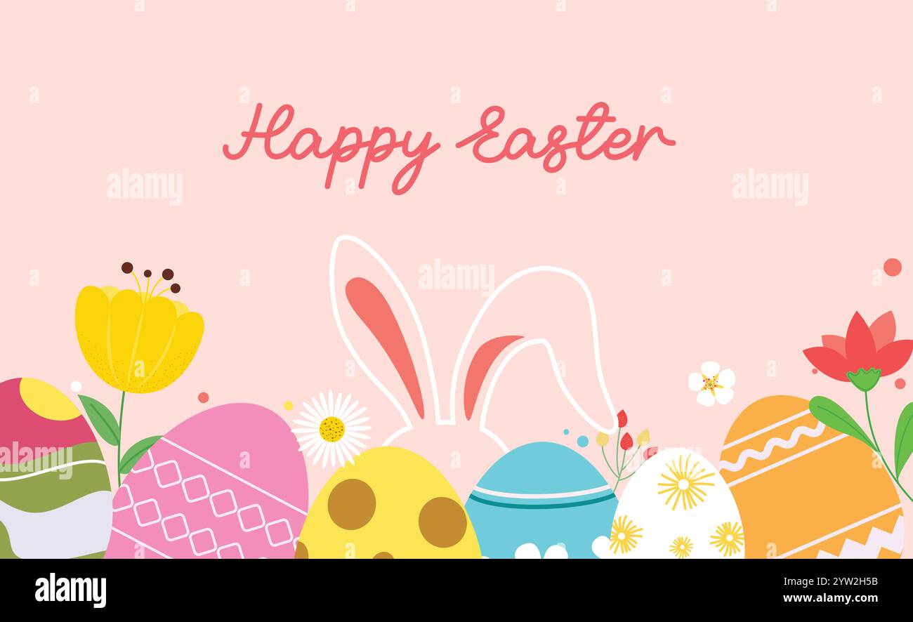 Happy easter Wishes Clipart Hintergrund. Text-Clip-Art mit farbenfrohen Eiern, Häschen und Blumen zum Gruß am ostersonntag. Stock Vektor