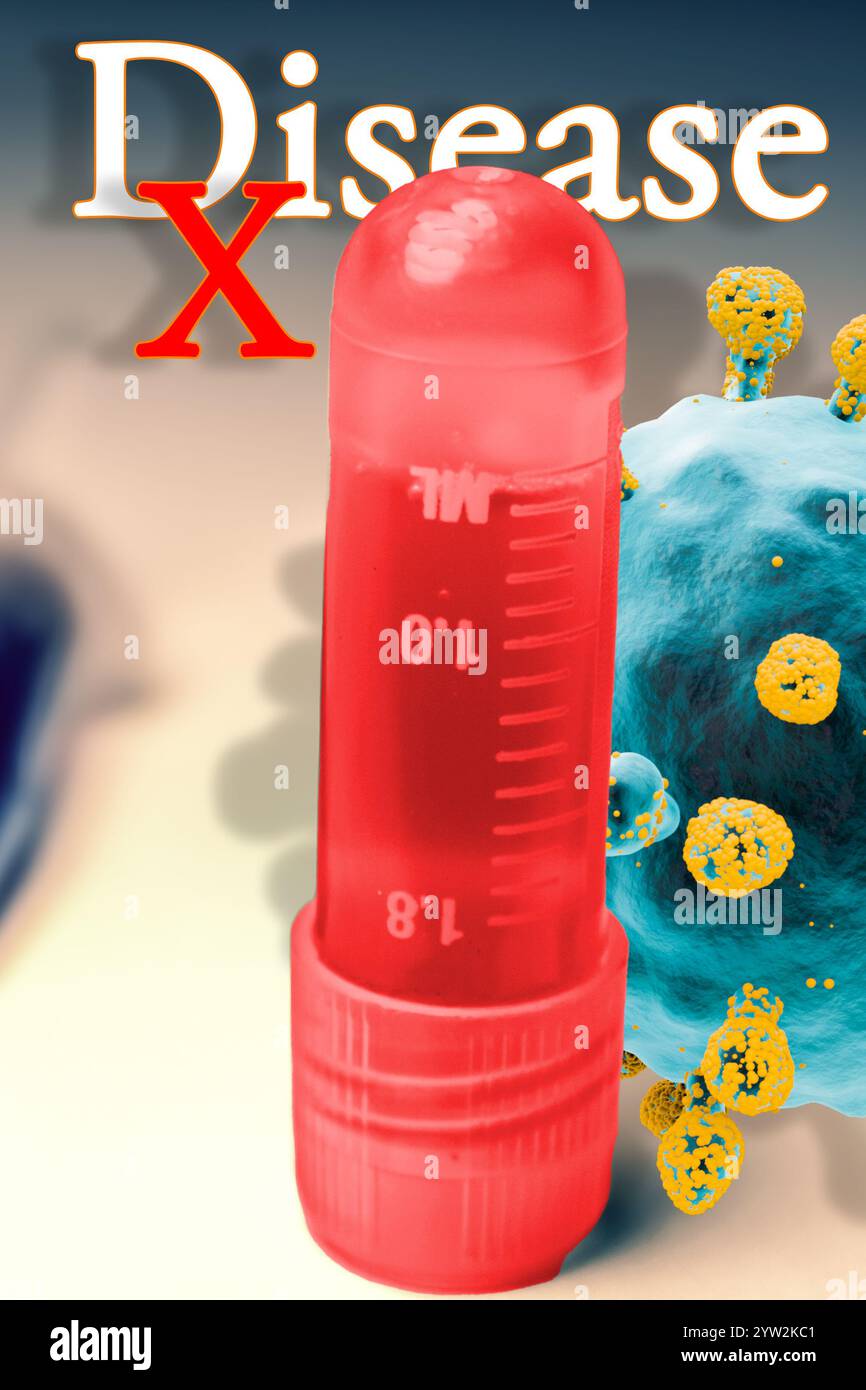 Ausbruch der Krankheit X, Virus der Krankheit X, das grippeähnliche Symptome enthält, Erreger, der eine ernsthafte internationale Epidemie verursachen könnte Stockfoto