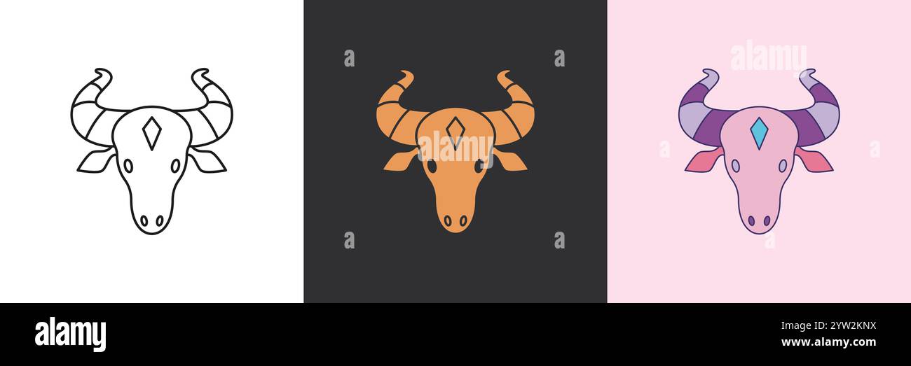 Bull Mystic Symbolsatz. Schwarze und farbenfrohe geometrische Vektor-Logo-Vorlage Stock Vektor