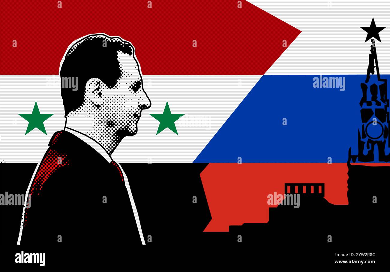 Baschar al-Assad vor dem Hintergrund der syrischen Flagge, der russischen Flagge und des Kremls. Halbtoneffekt Stockfoto