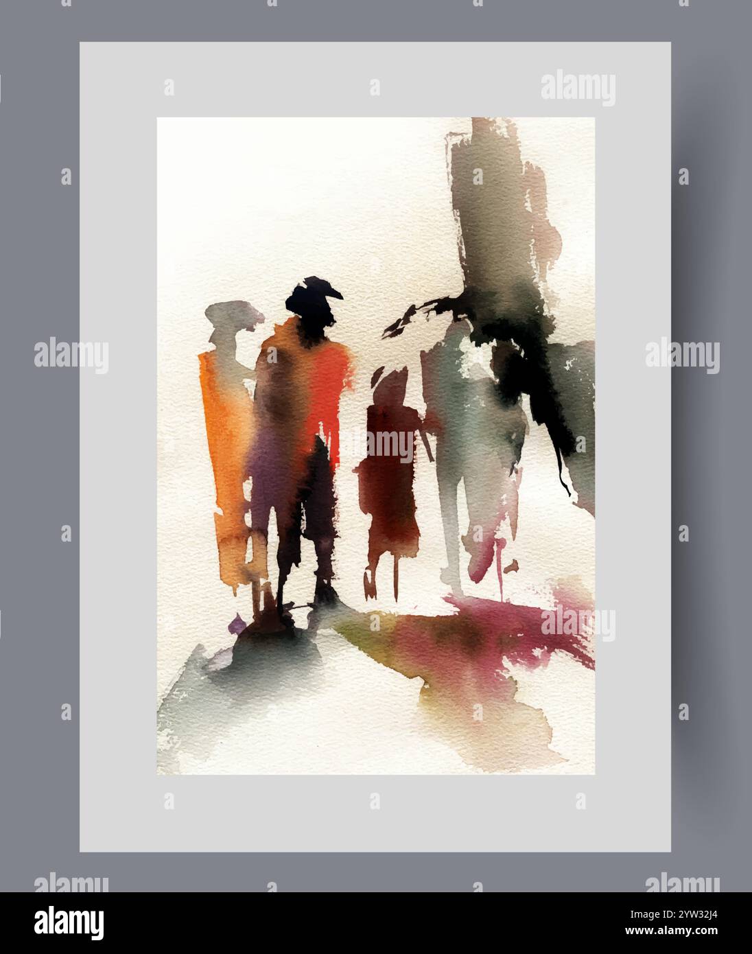 Dunkle Stadt mit Silhouetten von Menschen, die nachts durch die Straßen schlendern, auf einem Poster. Aquarellgrafik Stock Vektor
