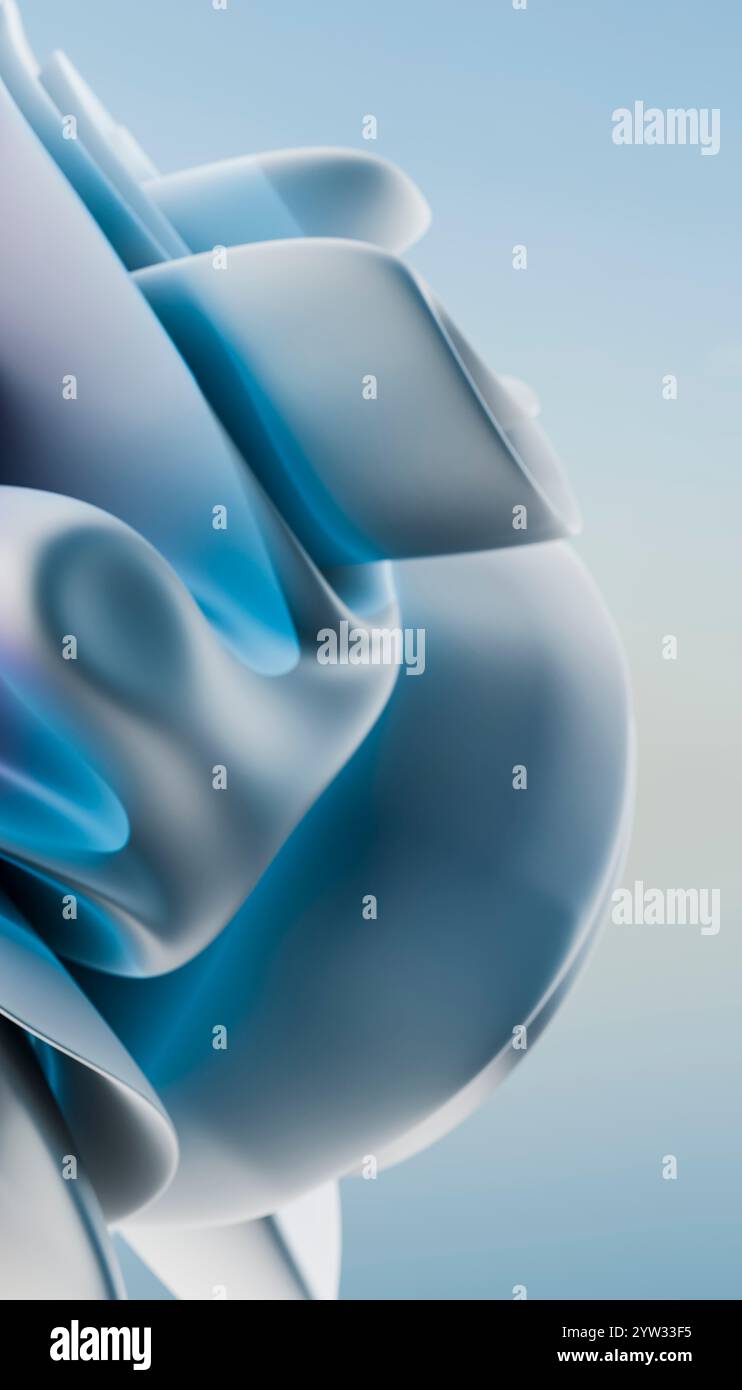 Abstrakte blaue und weiße wellenförmige Formen schaffen ein fließendes, modernes Kunstdesign vor einem blassblauen Hintergrund. Stockfoto