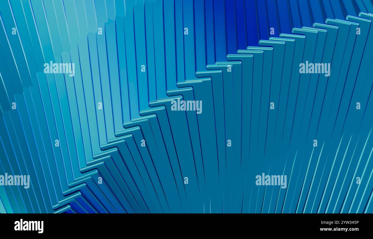 Blauer abstrakter geometrischer Hintergrund mit einem Muster aus sich wiederholenden Zickzacklinien, die einen 3D-Tunneleffekt erzeugen. Stockfoto