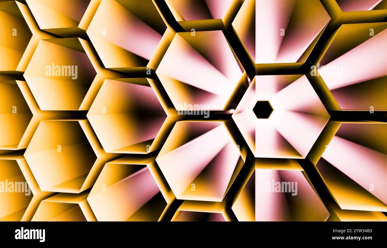 Abstrakter geometrischer Hintergrund mit einem Muster aus rosa und goldenen Wabenformen. Stockfoto