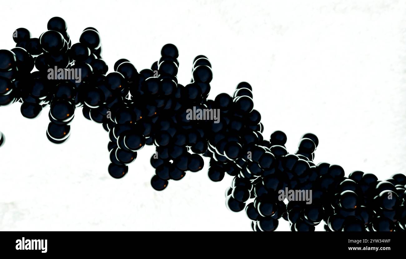 Eine Gruppe glänzender schwarzer Kugeln, die ein abstraktes Muster auf weißem Hintergrund bilden. Stockfoto