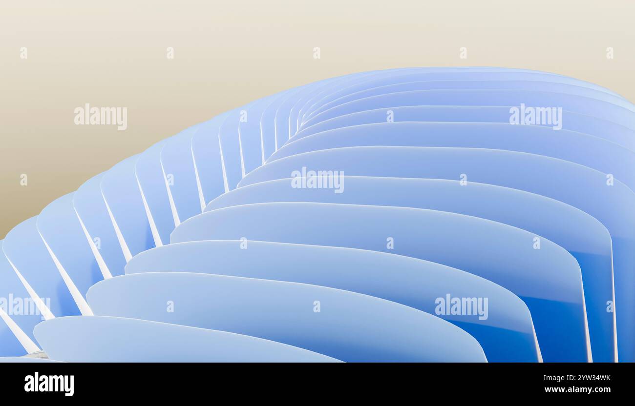 Blaue abstrakte geschwungene Formen auf beigefarbenem Hintergrund, die ein glattes wellenförmiges Muster erzeugen. Stockfoto