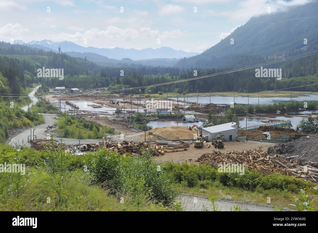 Holzlager in Holzwerken mit Holzfällerausrüstung, Telegraph Cove, Vancouver Island, British Columbia, Kanada, Nordamerika Stockfoto