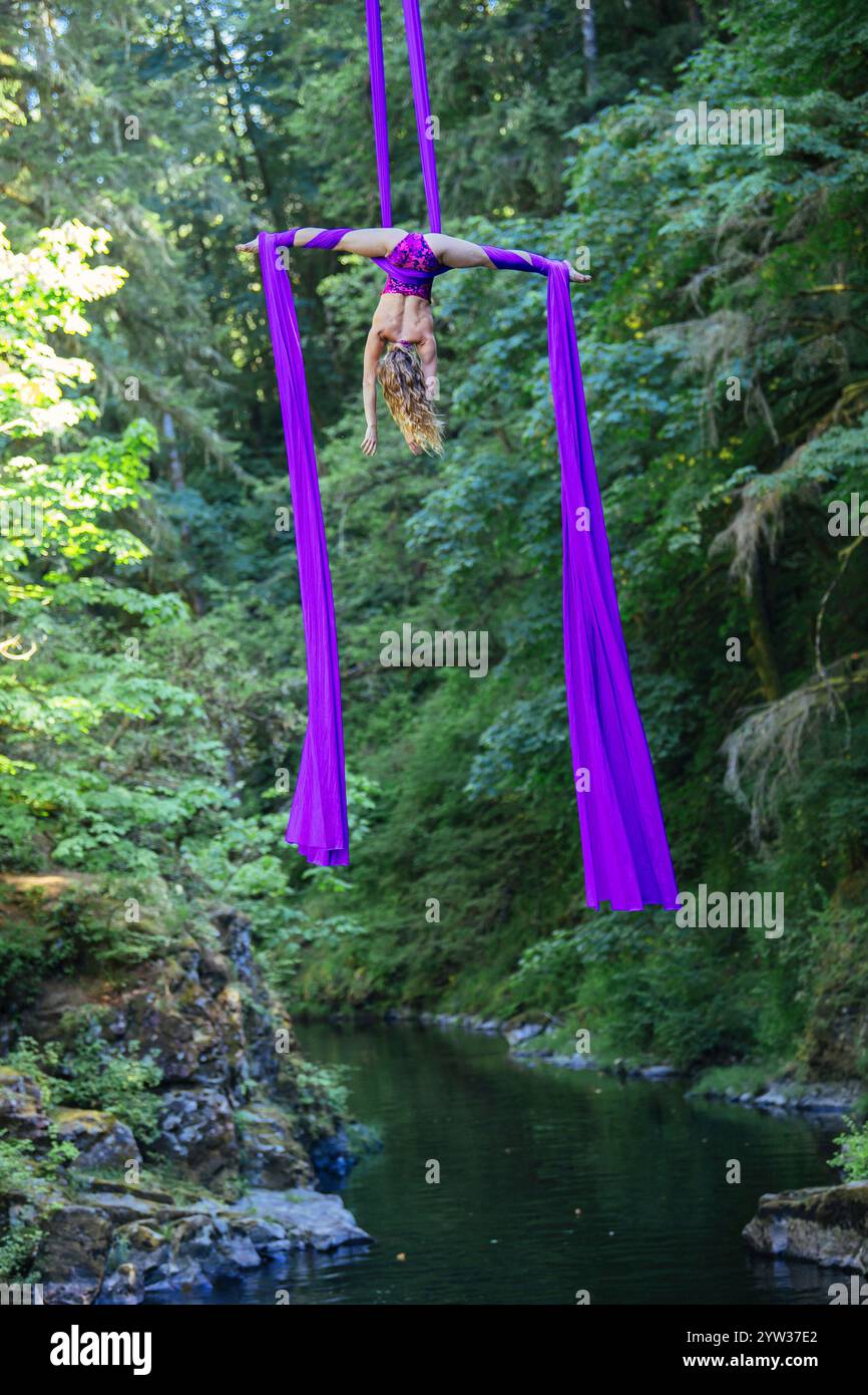 Luftdarsteller, der eine Pose über einem Fluss auf violetten Seidenbändern über einem Waldbach ausführt, USA Stockfoto