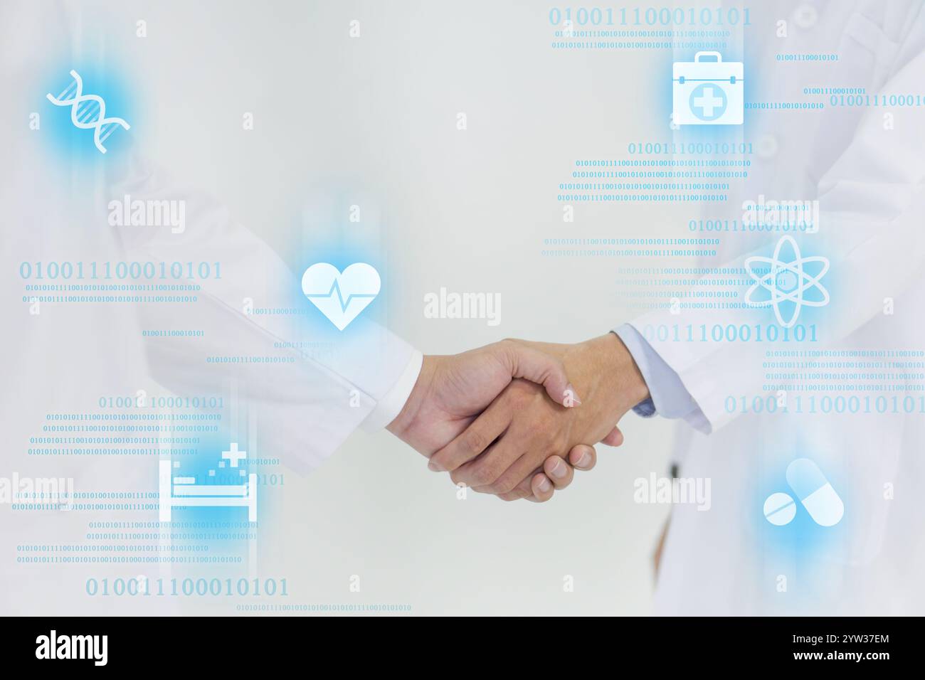 Medizinischer Fachmann und Wissenschaftler in weißem Labormantel, der Hand auf weißem Hintergrund schüttelt. Symbol für Innovation, Behandlung und Entdeckung der Medizin Stockfoto