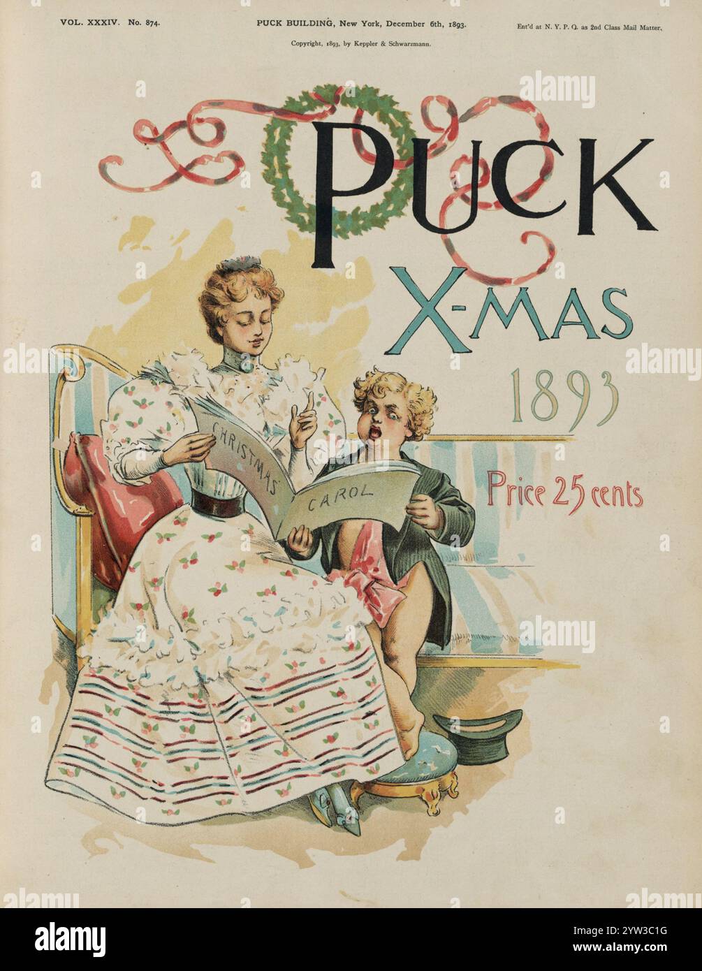 Das Cover von Puck x-MAS 1893 zeigt Puck, der neben einer jungen Frau auf einem Sofa sitzt und ein Buch mit der Aufschrift „Christmas Carol“ hält, während er singt Stockfoto