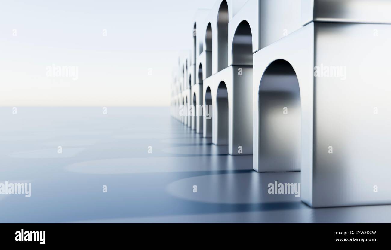Abbildung einer Reihe weißer bogenförmiger Architekturstrukturen, die auf einer glänzenden Oberfläche reflektiert werden Stockfoto