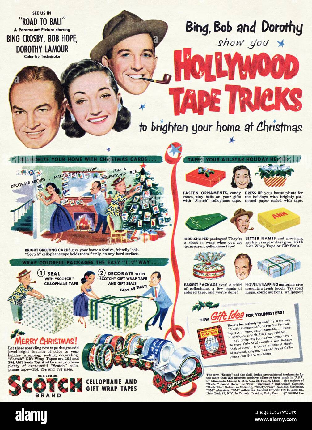 1952 Scotch Tape Christmas Advertising mit Bob Hope, Bing Crosby und Dorothy Lamour in Paramount's Bild „Road to Bali“ Stockfoto