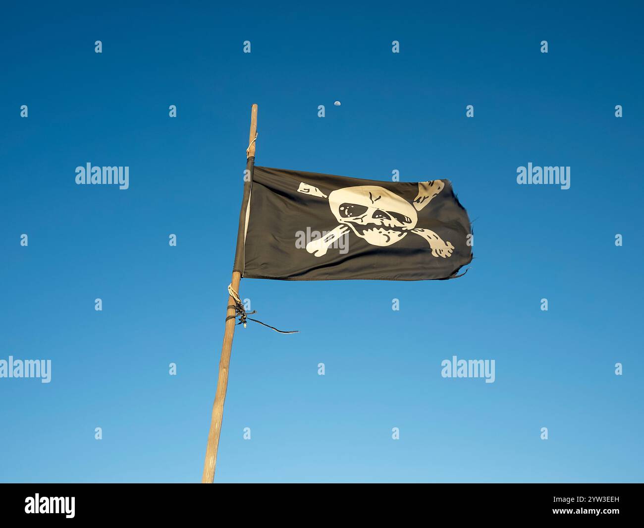 Eine Piratenfahne mit Schädel und gekreuzten Knochen flattert vor einem klaren blauen Himmel mit einem Halbmond, Fuerteventura, Spanien Stockfoto