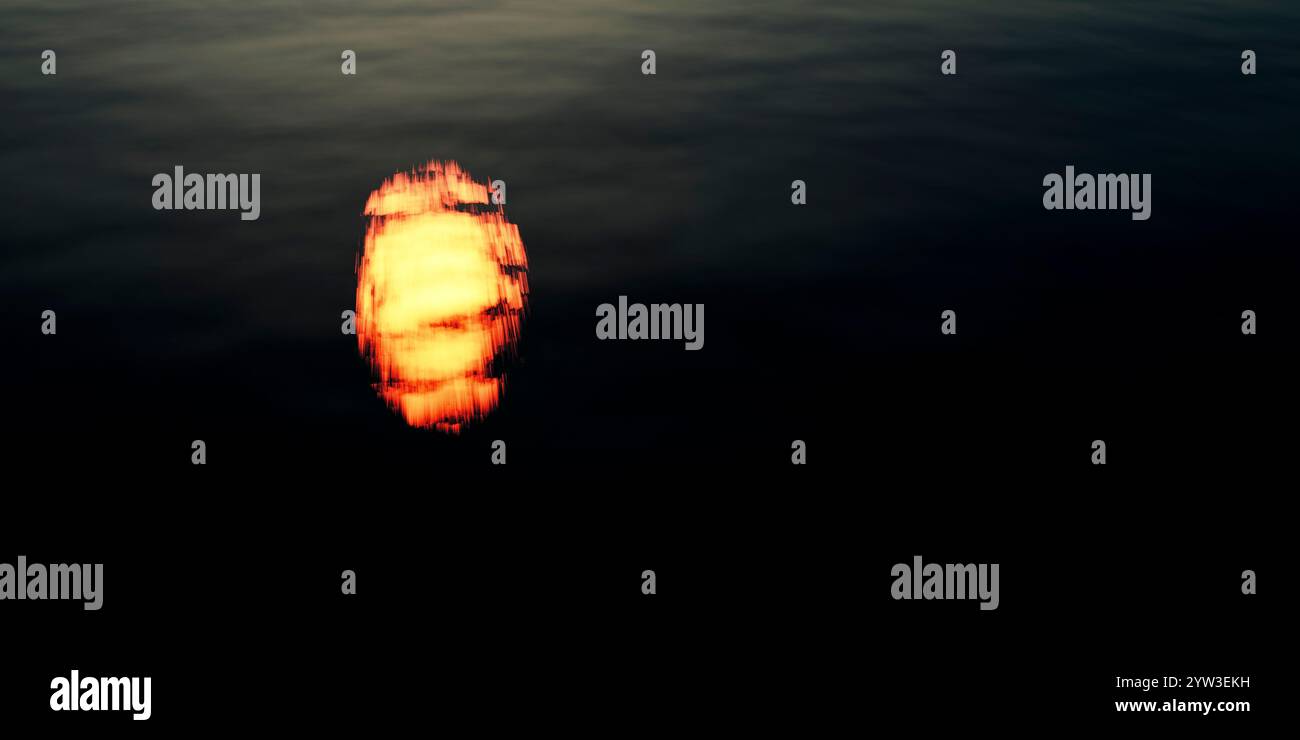 Illustration des Sonnenuntergangs, der sich in den Wellen eines ruhigen Meeres spiegelt und eine verschwommene goldene Kugel erzeugt Stockfoto