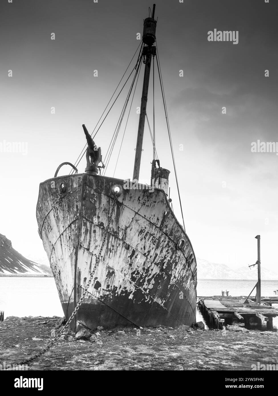 Wrack des Schließers Petrel, Grytviken, Südgeorgien Stockfoto