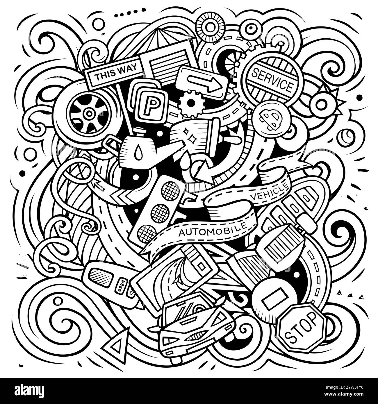 Autom. Service Cartoon-Vektor-Illustration. Skizzenhafte, detaillierte Komposition mit vielen Objekten und Symbolen im Automobilbereich Stock Vektor