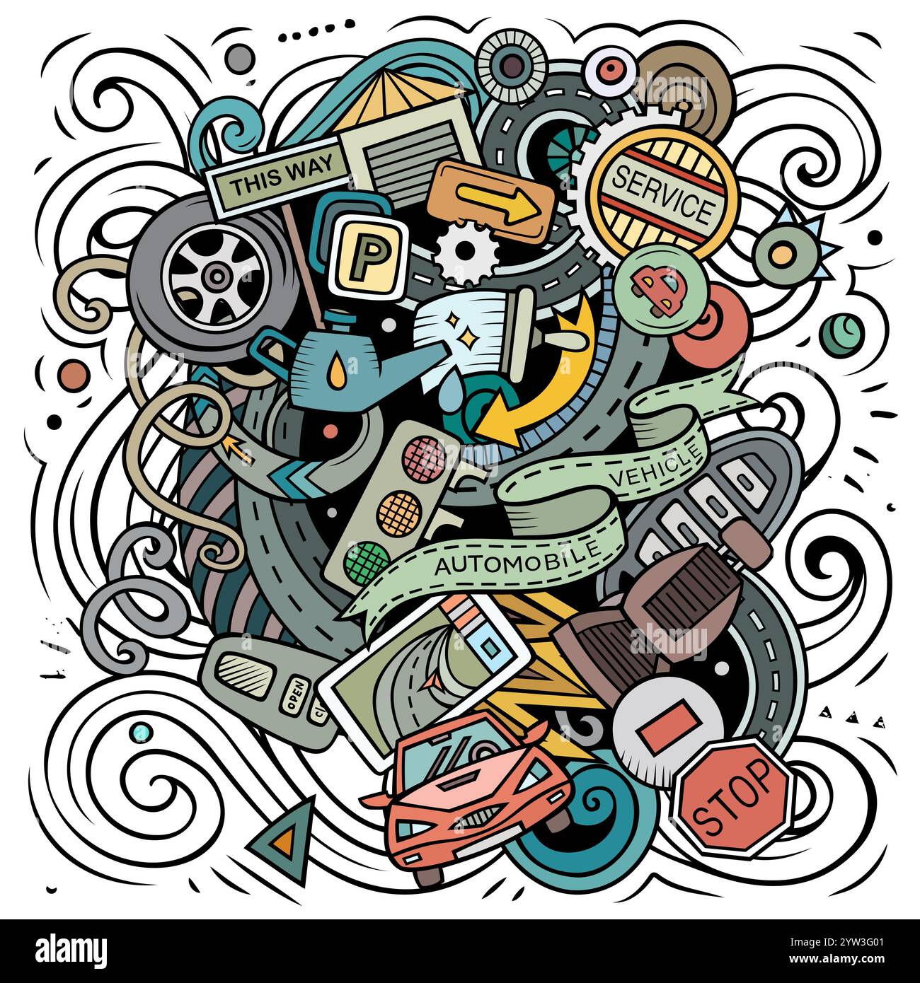 Autom. Service Cartoon-Vektor-Illustration. Farbenfrohe, detailreiche Komposition mit vielen Objekten und Symbolen im Automobilbereich Stock Vektor