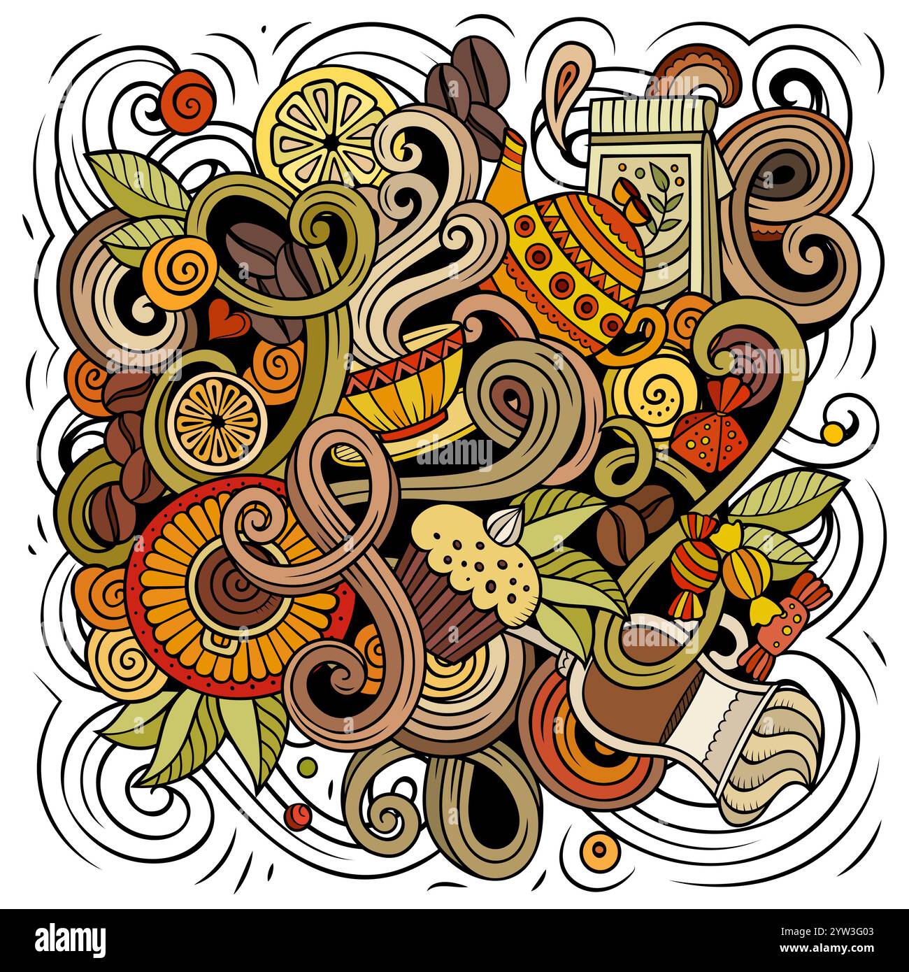 Cafe Hand gezeichnete Vektor-Kritzelillustration. Kaffeedesign. Teezeit Elemente und Objekte Zeichentrickhintergrund. Buntes, lustiges Bild Stock Vektor